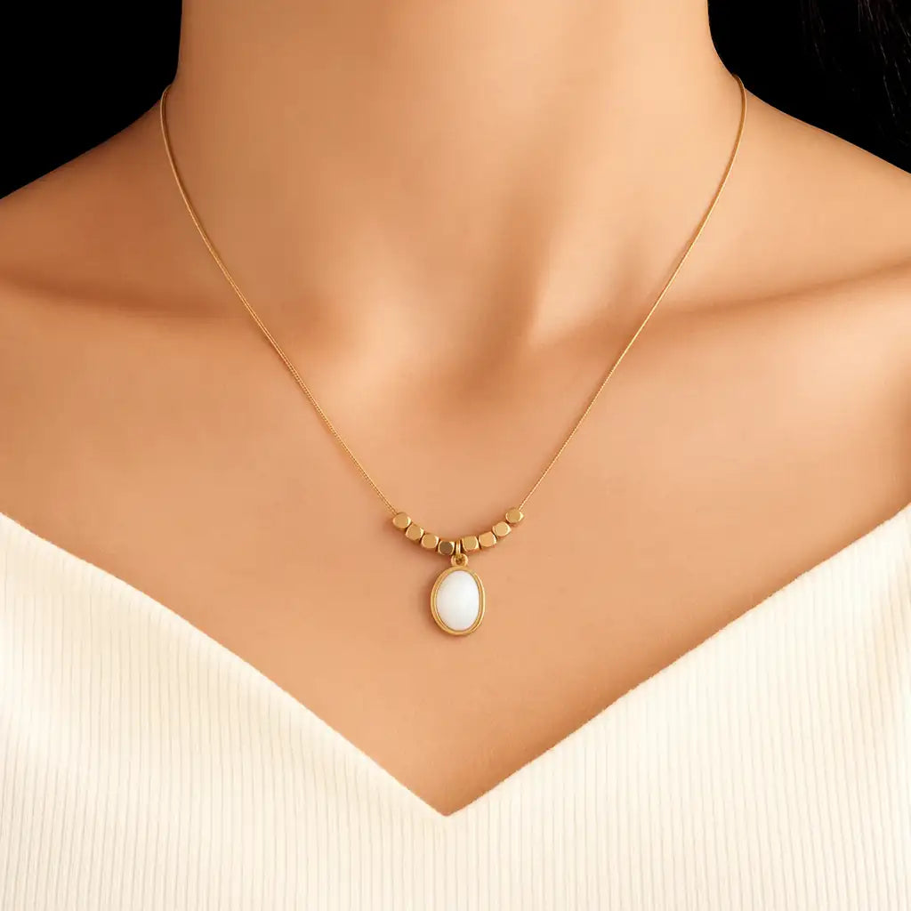 Gold-Plated White Stone Pendant Necklace – Minimalist Design