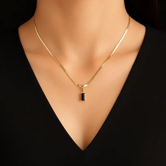 Black Rectangle Stone Pendant Necklace – Gold-Plated Snake Chain