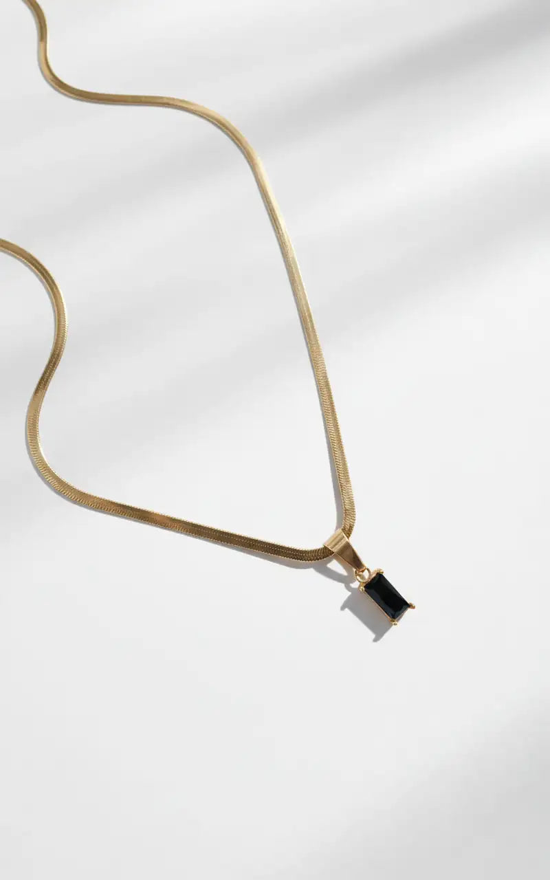 Black Rectangle Stone Pendant Necklace – Gold-Plated Snake Chain