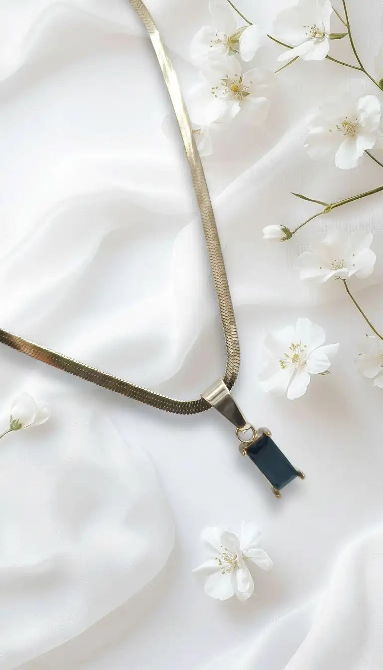 Black Rectangle Stone Pendant Necklace – Gold-Plated Snake Chain
