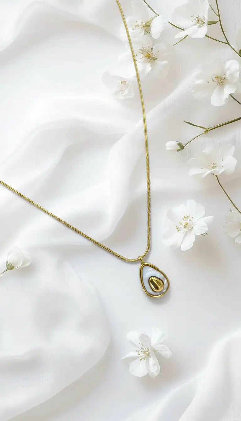 Gold-Plated Teardrop Pendant Necklace with White Enamel