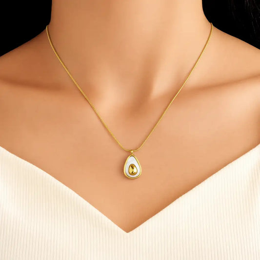 Gold-Plated Teardrop Pendant Necklace with White Enamel