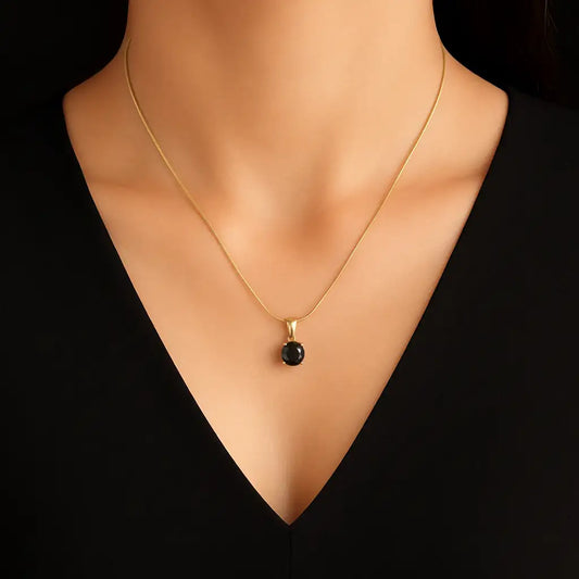 Premium Gold-Plated Round Black Stone Pendant Necklace