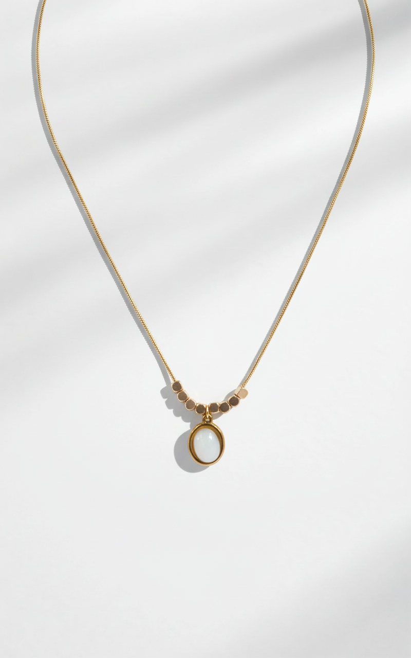 White Round Stone Pendant Necklace – Gold-Plated Snake Chain