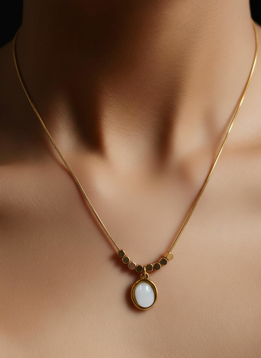 White Round Stone Pendant Necklace – Gold-Plated Snake Chain