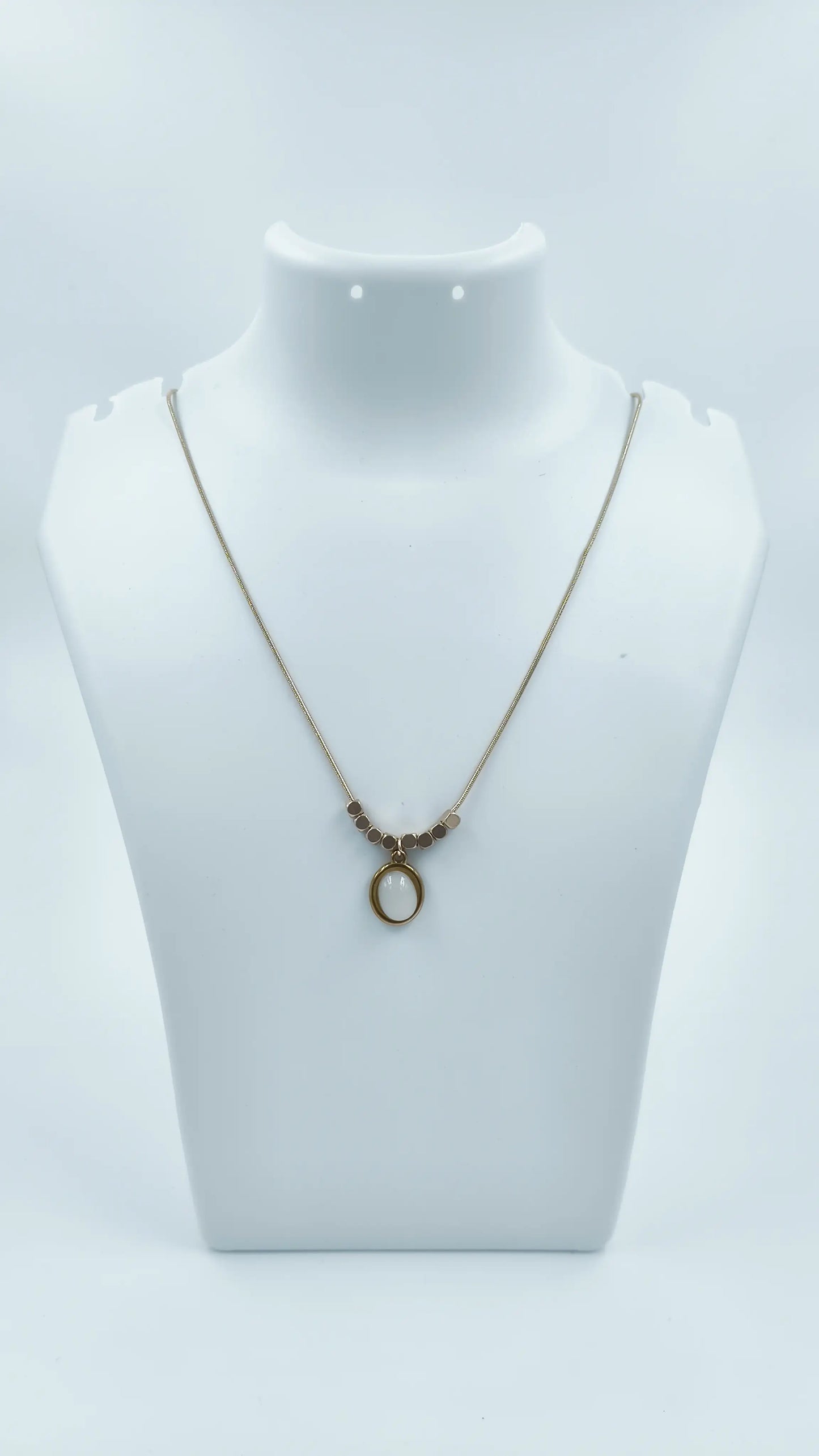 White Round Stone Pendant Necklace – Gold-Plated Snake Chain