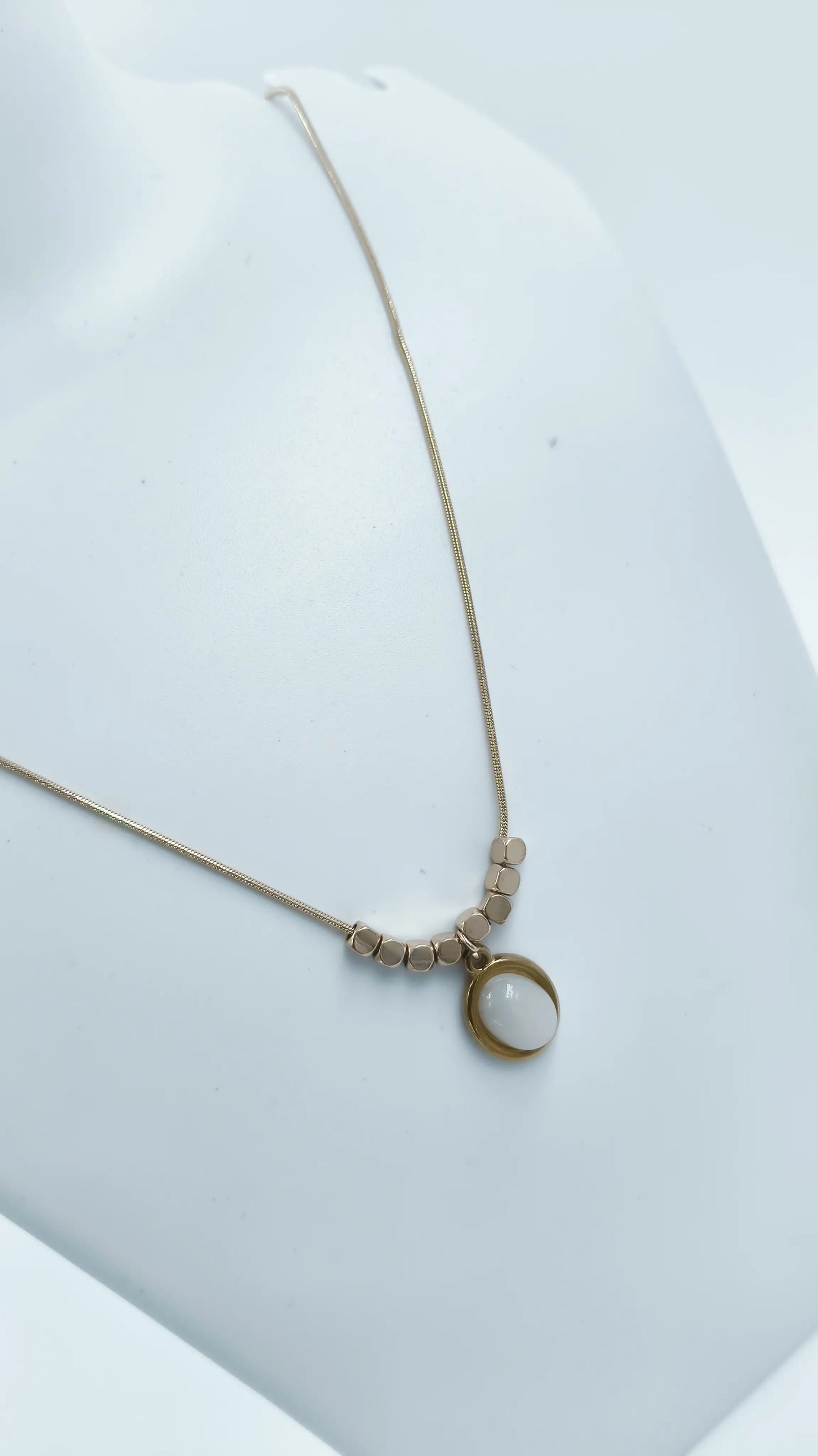 White Round Stone Pendant Necklace – Gold-Plated Snake Chain