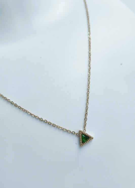 Necklace with a green triangle pendant on a white background