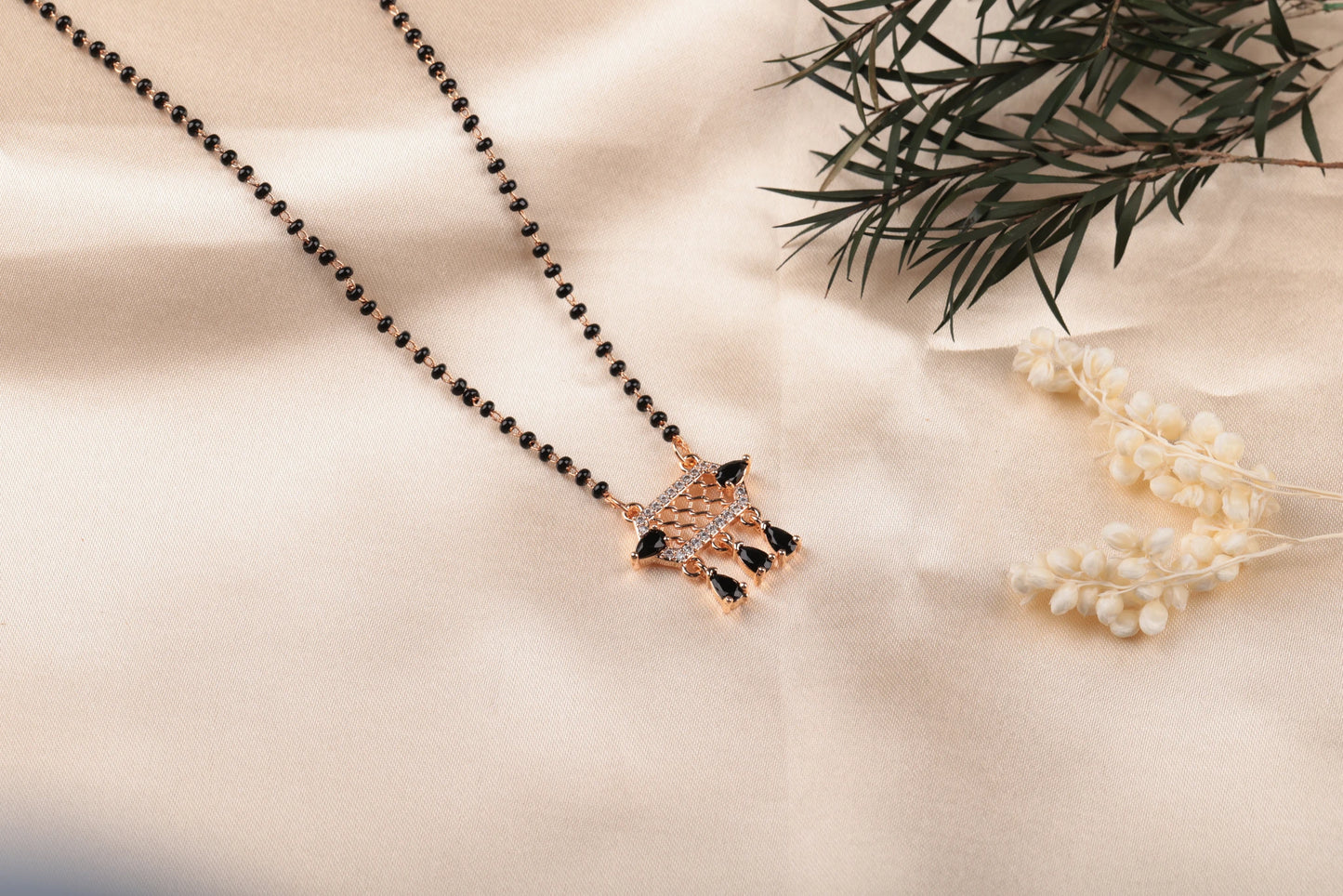Three Drop Gem Black Bead Necklace Mangalsutra