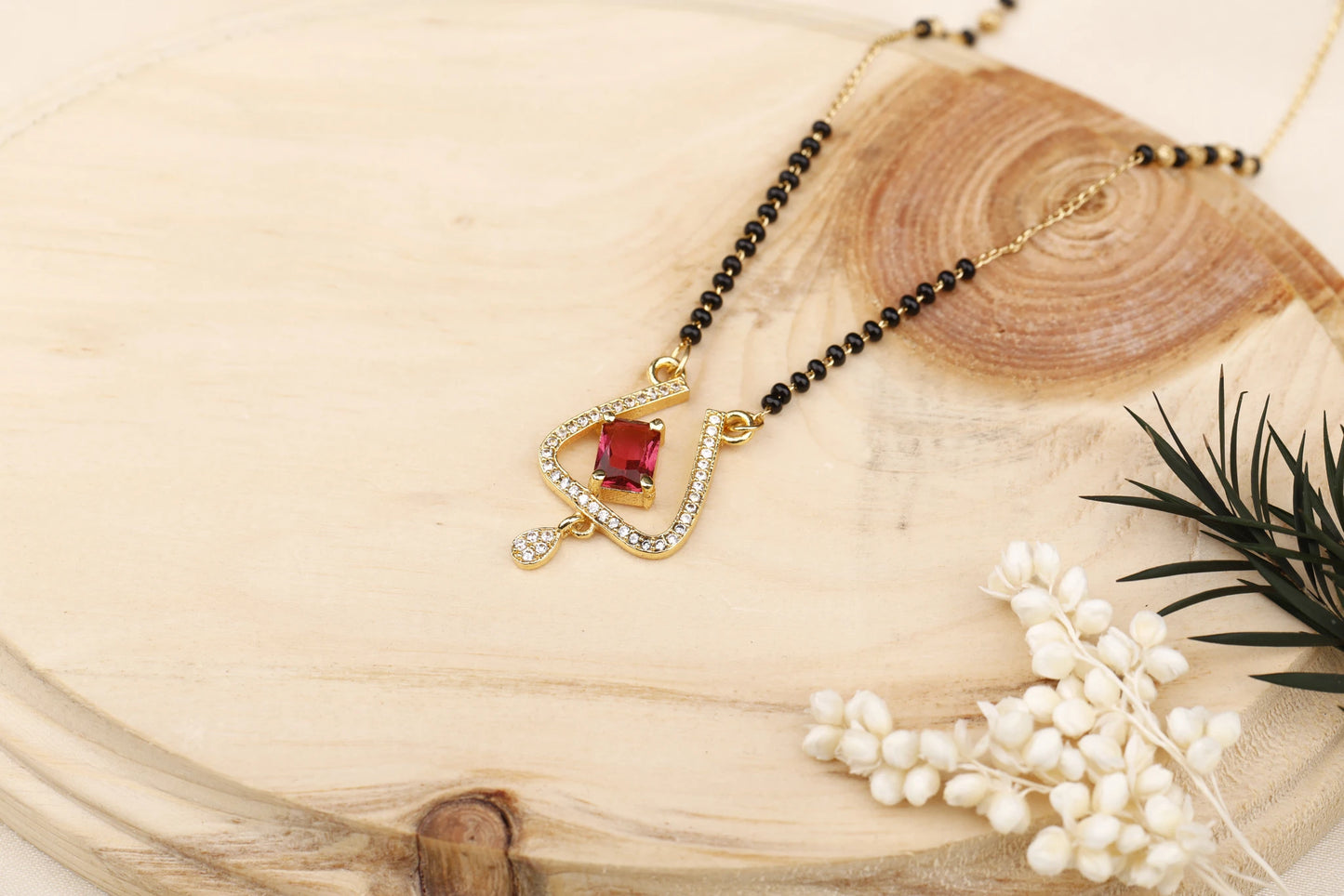 Nirvahna Round Diamond Red Pendant Mangalsutra