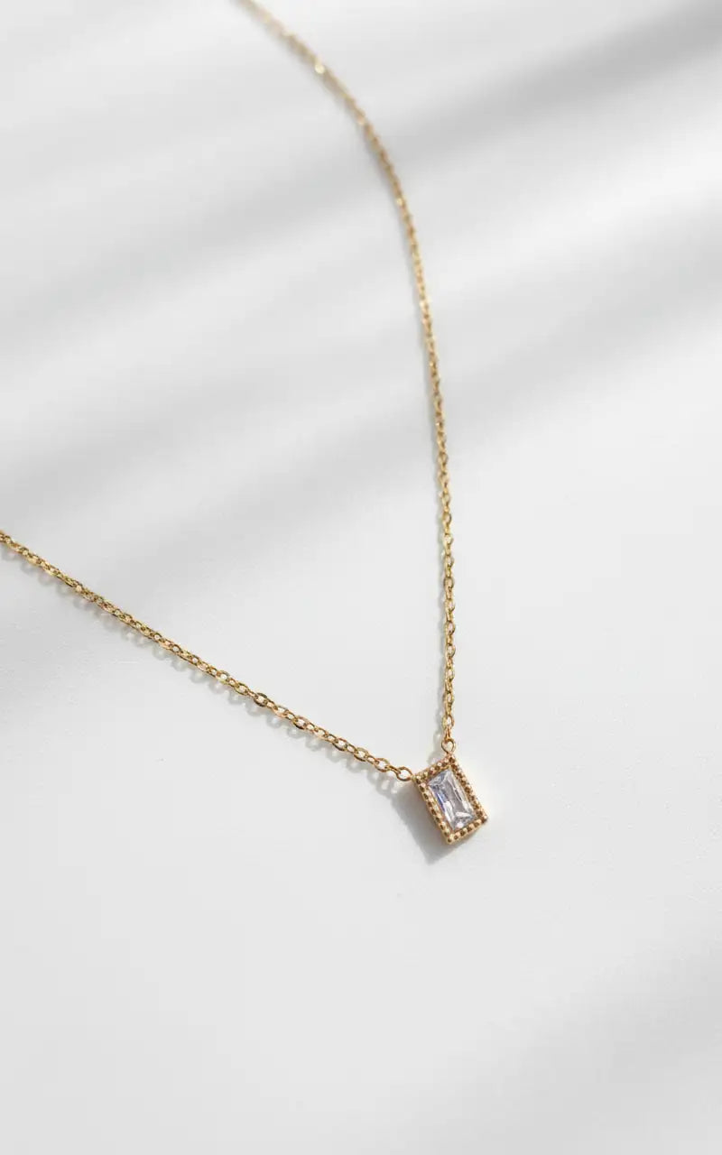 Gold-Plated Rectangle Pendant Necklace with Crystal Stone
