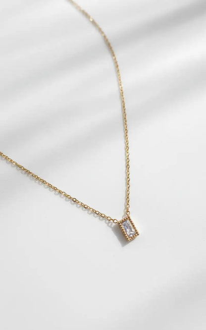 Gold-Plated Rectangle Pendant Necklace with Crystal Stone