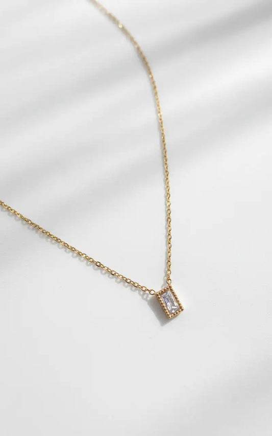 Gold-Plated Rectangle Pendant Necklace with Crystal Stone