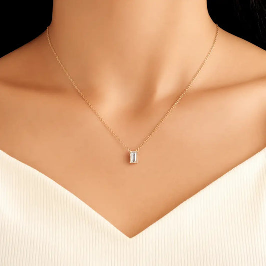 Gold-Plated Rectangle Pendant Necklace with Crystal Stone