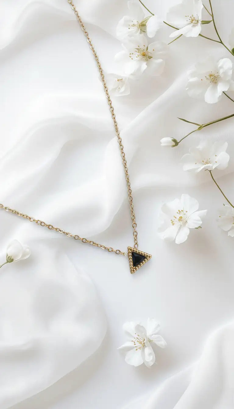 Noir Beaded Triangle Pendant Necklace – Dainty Gold-Plated