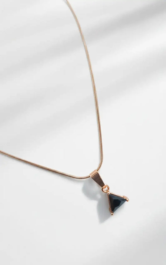 Trikona Noir Triangle Pendant Necklace – Rose Gold-Plated Snake Chain
