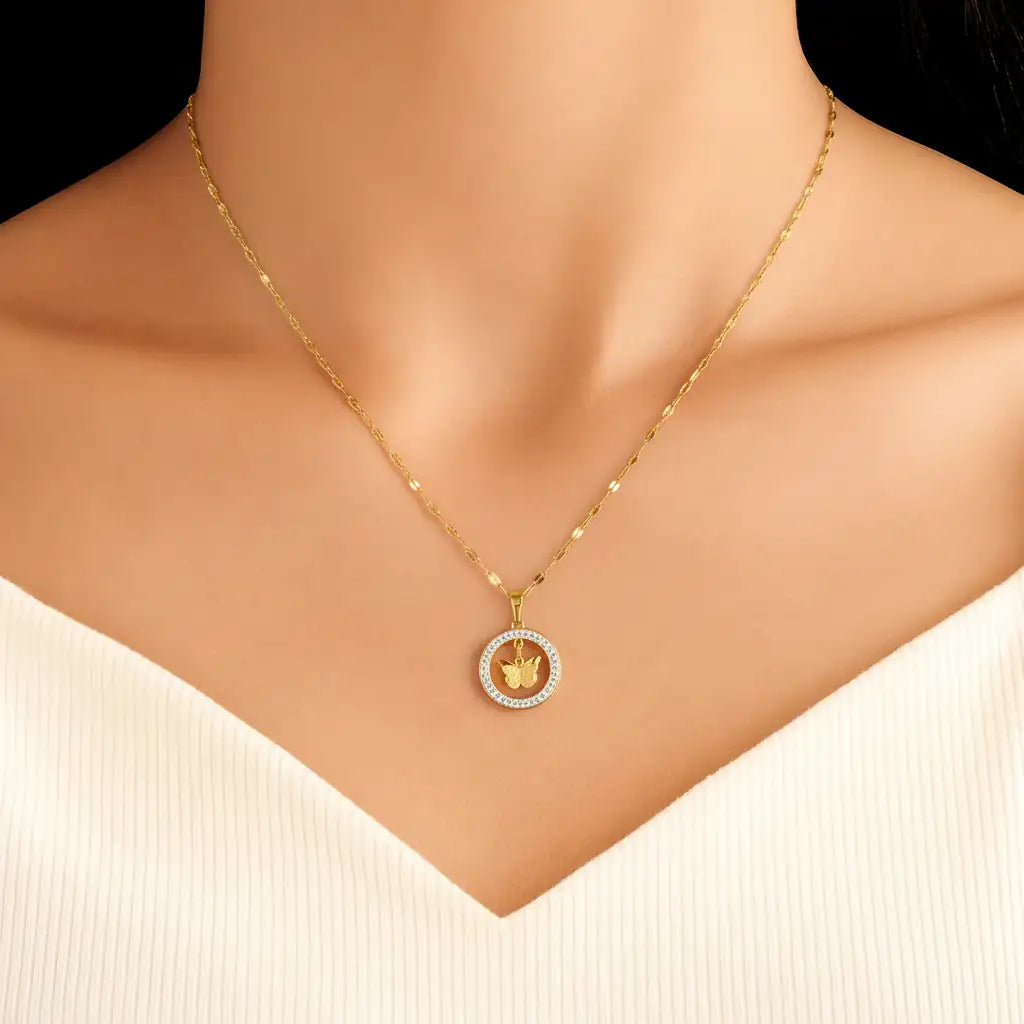 Butterfly Halo Pendant Necklace – Gold Plated with CZ