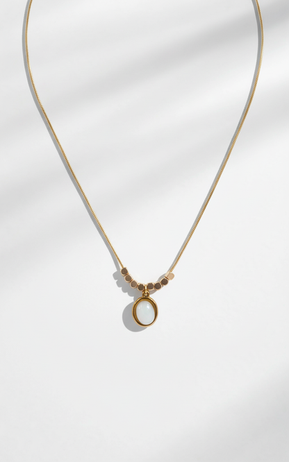 White Round Stone Pendant Necklace – Gold-Plated Snake Chain