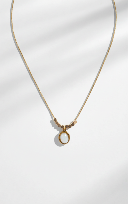 White Round Stone Pendant Necklace – Gold-Plated Snake Chain